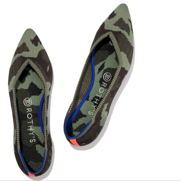 ROTHYS THE POINT OLIVE CAMO FLAT SHOES Rubber Point Toe Army - Picture 3 of 12